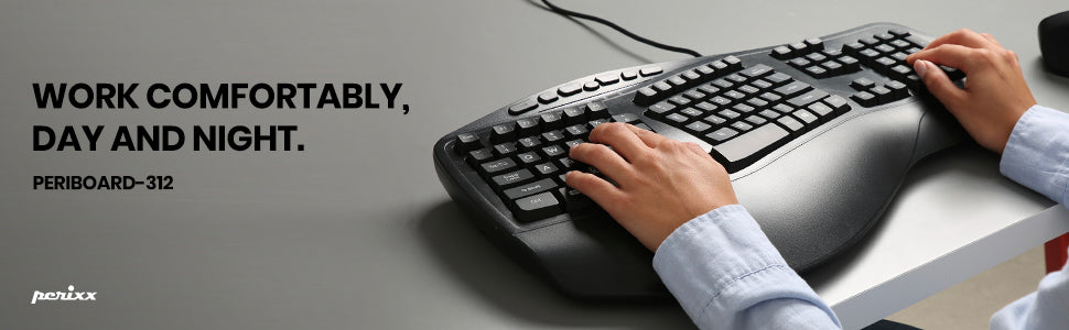 Hände tippen auf einer schwarzen Computertastatur. Der obige Text lautet „KOMFORTABEL ARBEITEN, TAG UND NACHT“.
