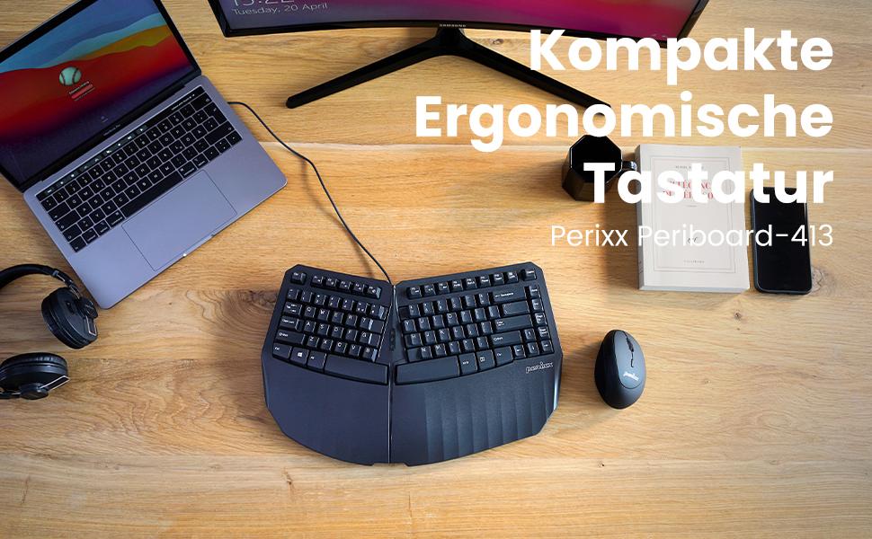 Geteilte ergonomische Tastatur auf Holztisch mit Laptop und Maus. Der Text identifiziert sie als kompakte ergonomische Tastatur 'Perixx Peribord-413'