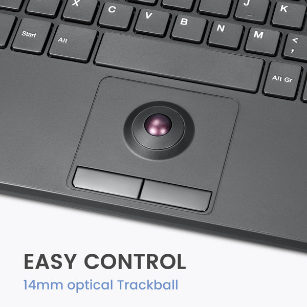 Laptop keyboard detail showing a 14mm optical trackball pointing device with a purple-tinted ball and touchpad below it, labeled 'EASY CONTROL'