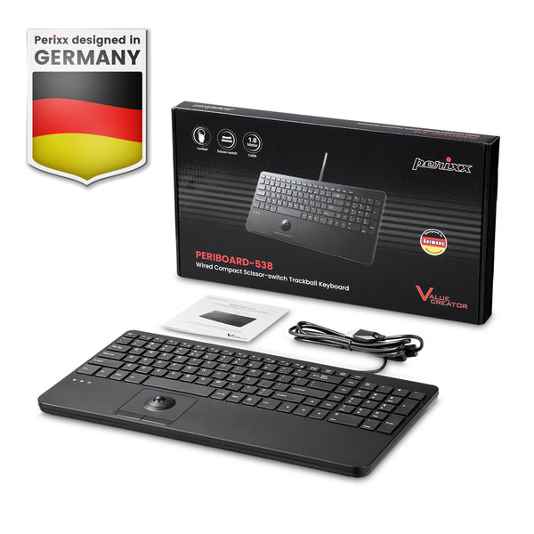 Perixx gaming keyboard with full numeric keypad in retail packaging, featuring German design badge and product specifications.