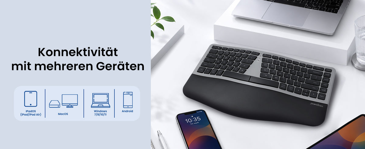 Der Text lautet „Konnektivität mit mehreren Geräten“ mit Symbolen, die die Gerätekompatibilität anzeigen. Workspace zeigt Laptop, kabellose Tastatur und Smartphone auf einem Schreibtisch mit Pflanzendekor.