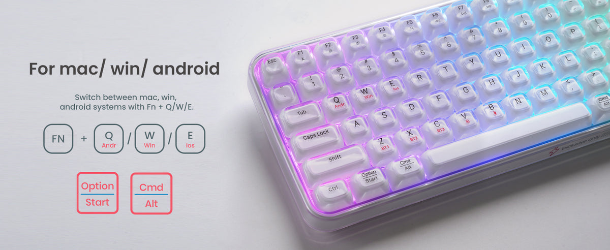Text reads 'For mac/win/android'. Gradient purple-to-blue mechanical keyboard with RGB lighting and compatibility icons for different operating systems.