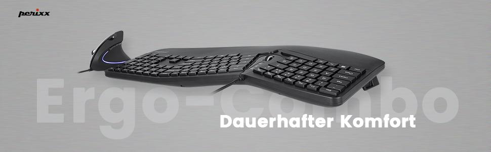 Graue ergonomische Computertastatur in Form eines Wals oder Fisches. Text 'Dauerhafter Komfort'