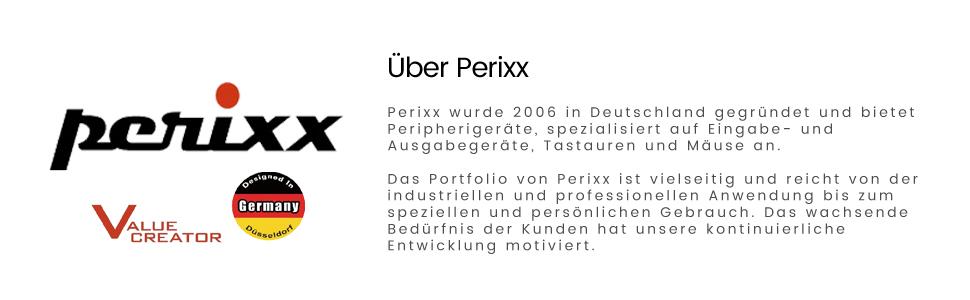 Logo, das 'Perixx' in stilisiertem schwarzen Text mit einem orangefarbenen Punkt darüber anzeigt. Unten finden Sie weitere Texte und Logos, darunter „Value Creator“ und
