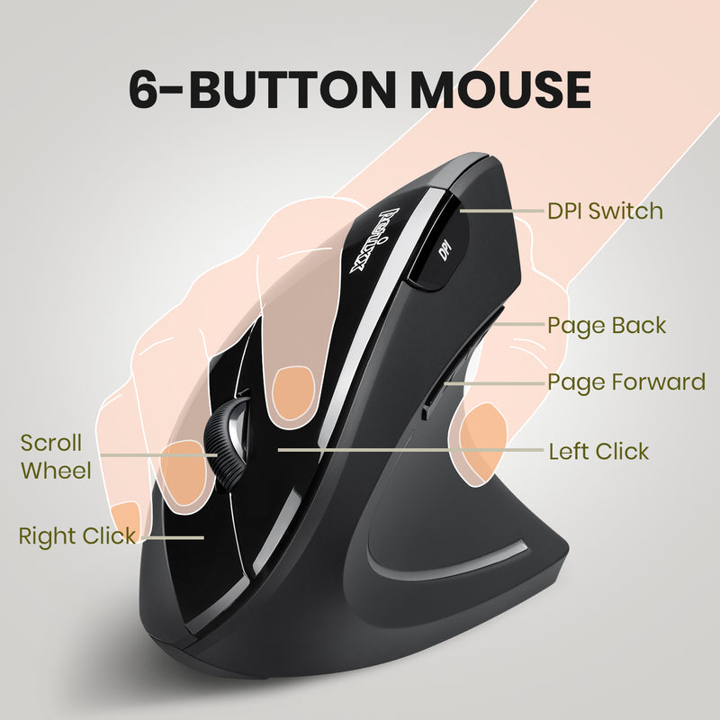 PERIMICE-713 - Wireless Ergonomic Vertical Mouse with 6 buttons: dpi switch, page back, page forward, left and right click, scroll wheel