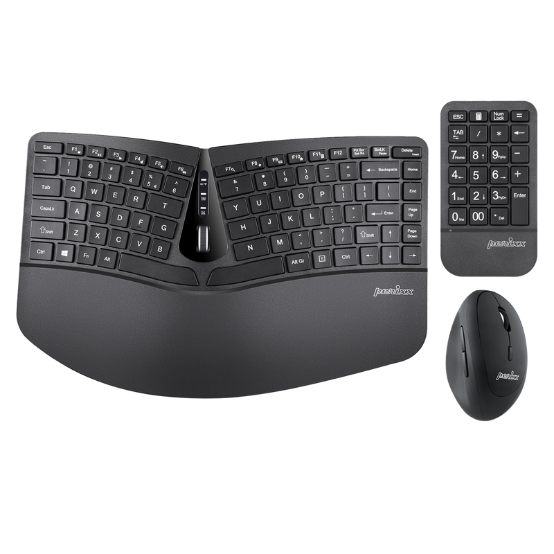 PERIDUO-606A - 3-in-1 Kabellose kompakte ergonomische Tastatur mit vertikaler Maus und numerischem Tastenfeld