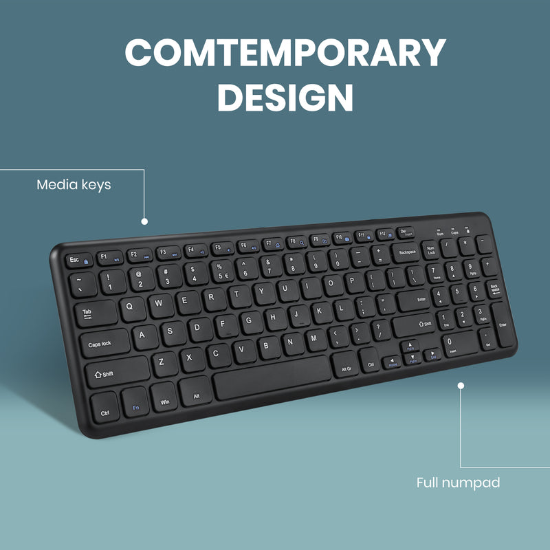 PERIDUO-613 B - Wireless Compact Set 90% Quiet Keys Keyboard and Quiet Click Mouse with media keys in contemporary design.