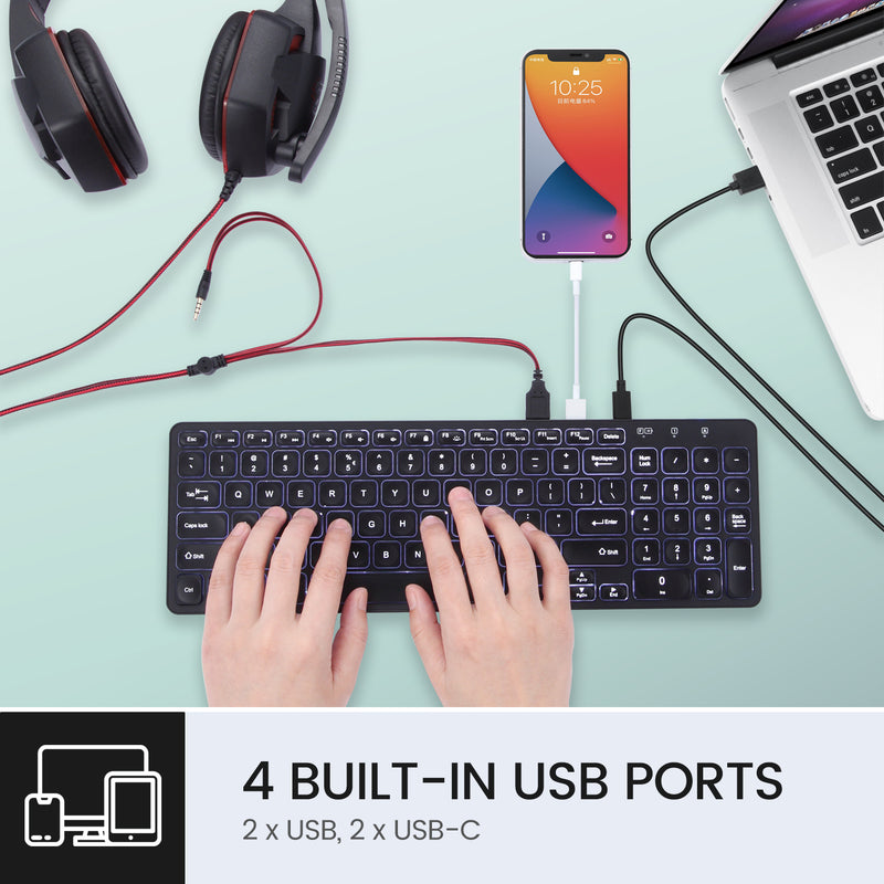 PERIBOARD-615 B, Kabellose und kabelgebundene 3-in-1-Tastatur für mehrere Geräte -  Ultra Slim mit Scherentasten, Integrierter Hub mit USB-C- und Standard-USB Anschlüssen, Weiße Hintergrundbeleuchtung