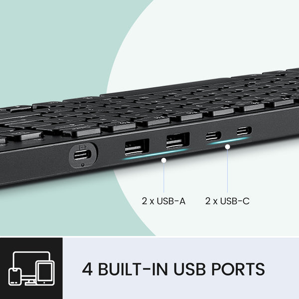 PERIBOARD-215 B, Kabelgebundene Tastatur, Ultra-Slim Tasten,  Integrierte Hub mit USB-C- und Standard-USB-Anschlüsse, Schwarz 