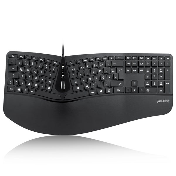 PERIBOARD-330 - Wired Backlit Ergonomic Keyboard with Adjustable Palm Rest in DE layout.