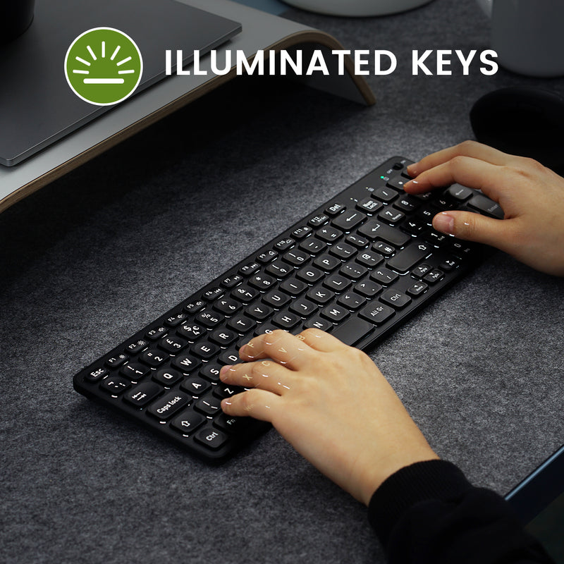 PERIBOARD-733 Wireless Compact Backlit Rechargeable Scissor Keyboard 80% with Large Print Letters and built-in Numpad. Illuminated keys.