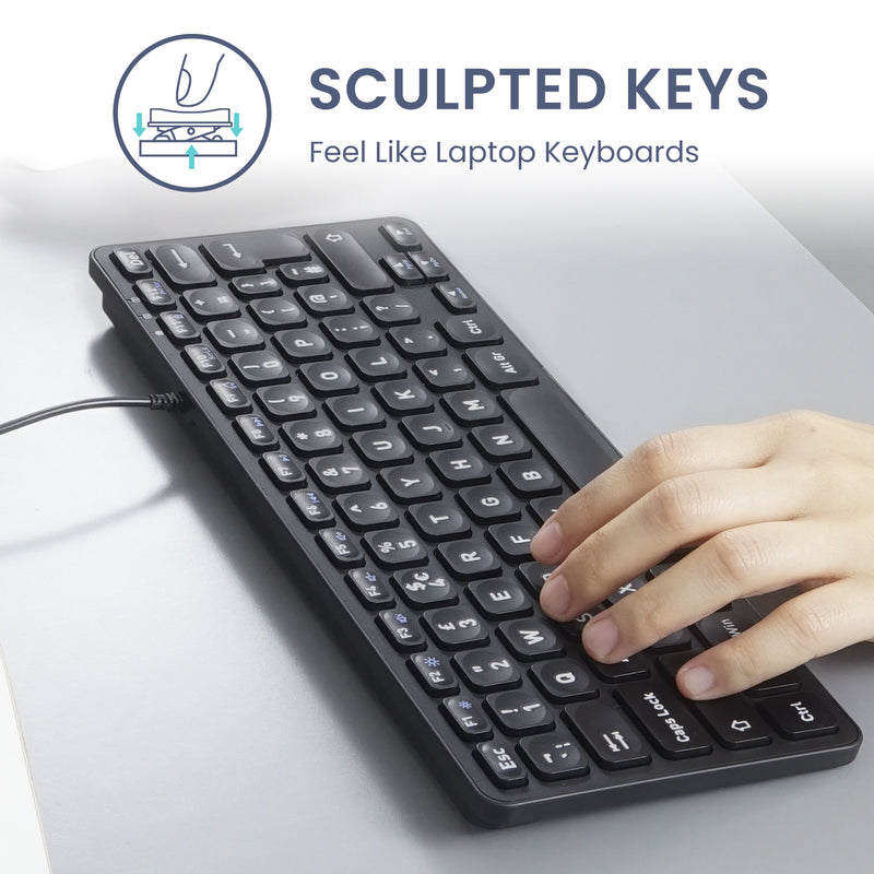 PERIBOARD-432 Wired Mini Scissor Keyboard 70% with Quiet Keys and Large Print Letters. Sculpted and laptop-like keys.