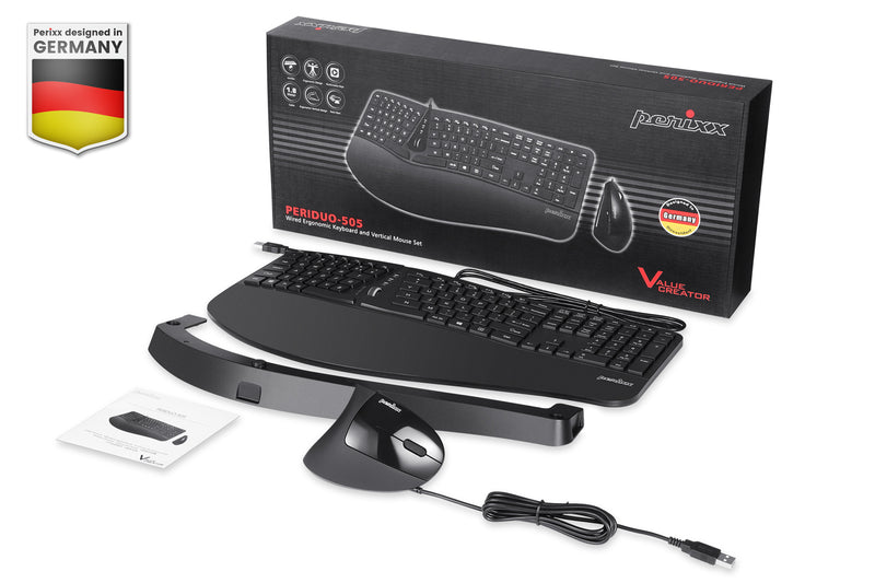 PERIDUO-505 - Wired Ergonomic Combo (100% keyboard and vertical mouse) with package and user manual