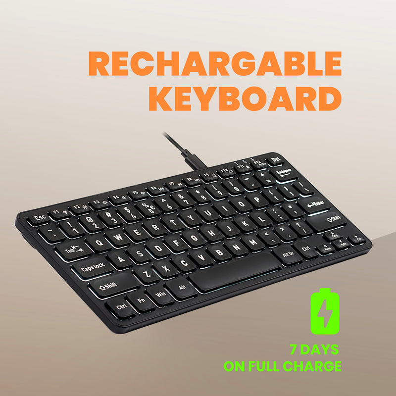 PERIBOARD-732 Wireless Mini Backlit Rechargeable Scissor Keyboard 70% with Large Print Letters can last for 7 days.