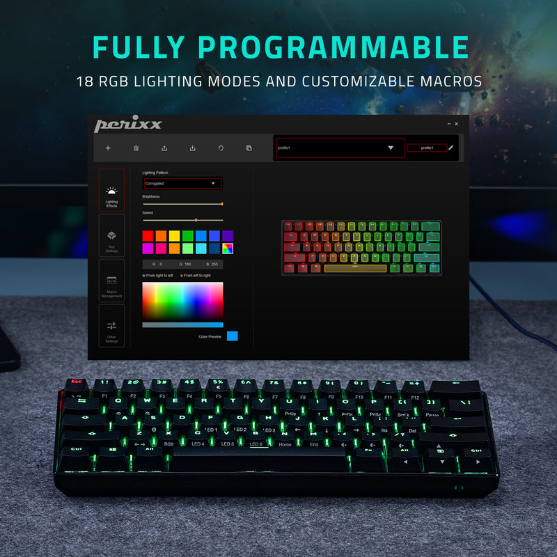 Perixx PX-4300 Wireless Gaming TKL 60% Backlit Mechanical Keyboard plus Bluetooth. Fully programmable. 18 rgb lighting modes and customizable macros.
