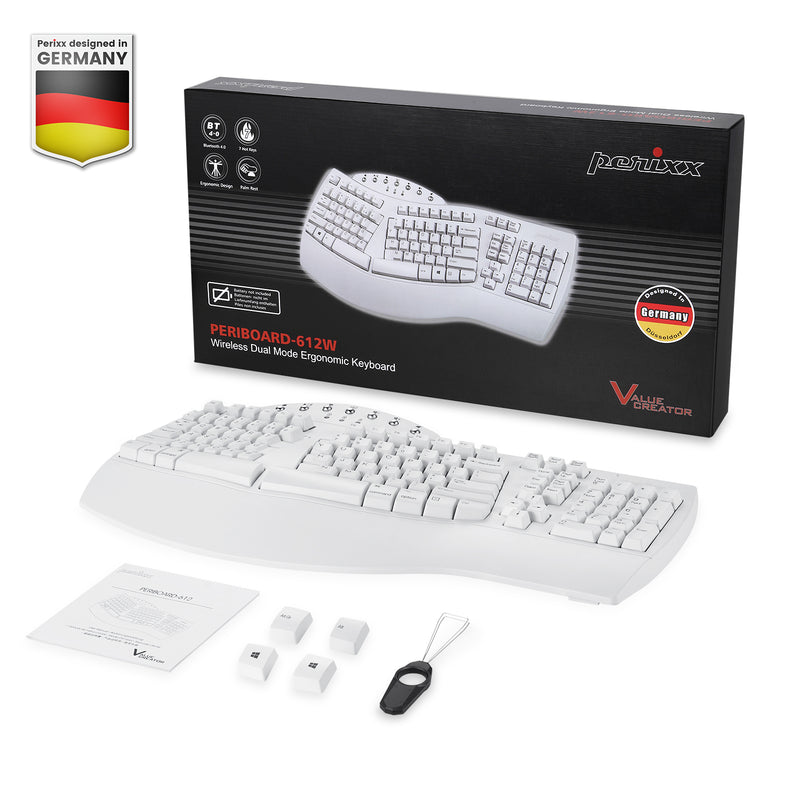 PERIBOARD-612 W - Wireless White Ergonomic Keyboard plus Bluetooth Connection with package and user manual.