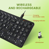 PERIBOARD-733 Wireless Compact Backlit Rechargeable Scissor Keyboard 80% with Large Print Letters and built-in Numpad. Wireless and rechargeable with USB receiver, charging removable cable and charging indicator.