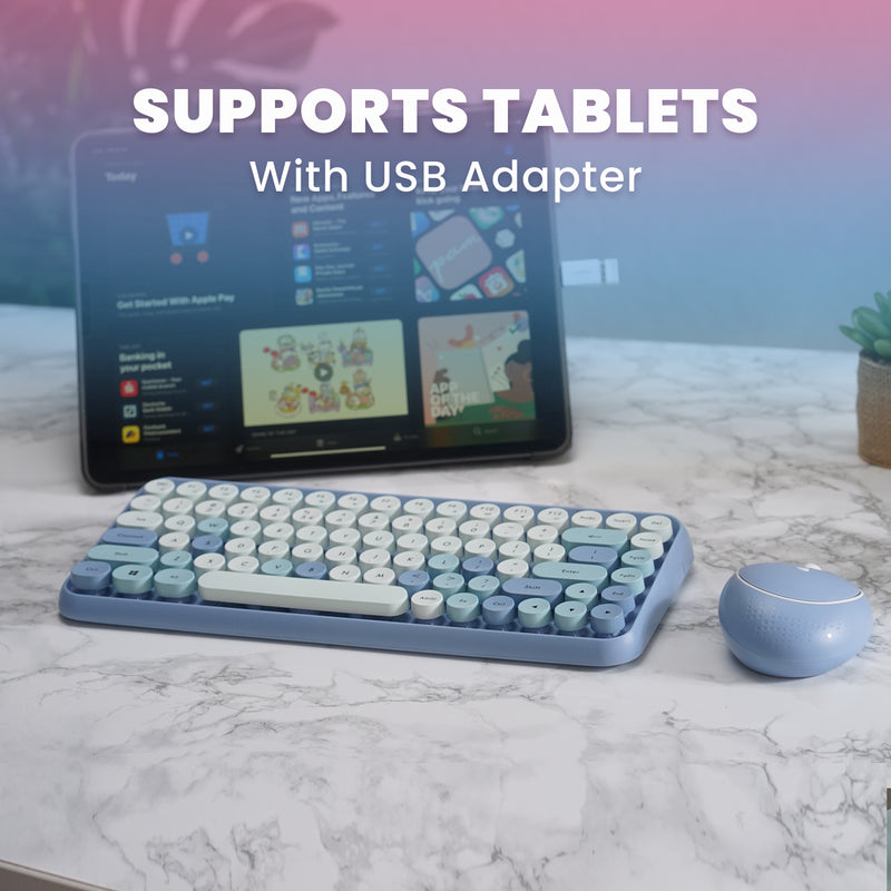 PERIDUO-713 BL - Wireless Vintage Blue Mini Combo (75% keyboard) supports tablets with USB adapter.