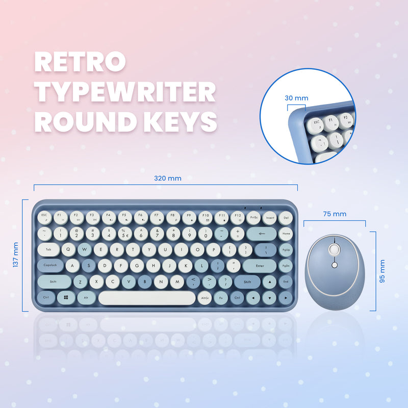 PERIDUO-713 BL - Wireless Vintage Blue Mini Combo (75% keyboard) with retro typewriter round keys. 32 x 13.7 x 3 cm keyboard and 9.5 x 7.5 cm mouse.
