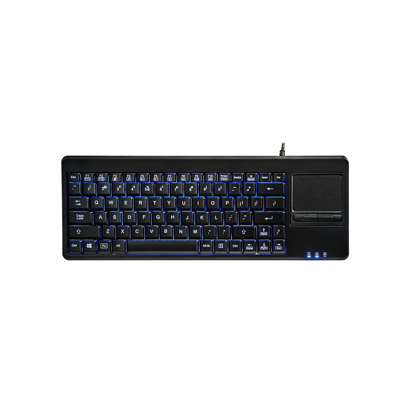 PERIBOARD-315 - Wired Backlit Touchpad Compact Keyboard 75% Extra USB Ports in blue backlit mode.