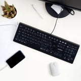 PERIBOARD-324 - Wired Standard Backlit Keyboard Quiet Keys Extra USB Ports on your desk.