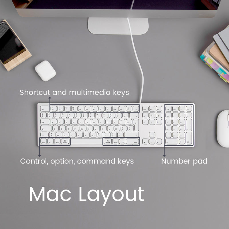 PERIBOARD-325 - Wired Backlit Mac Keyboard Quiet key extra USB ports with no manufacturer mark. Mac layout.