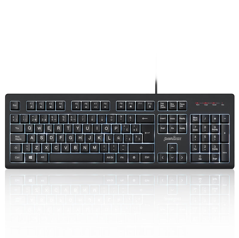 PERIBOARD-329 - Wired Backlit Keyboard Quiet keys with Large Print Letters in blue backlit in spanish layout.