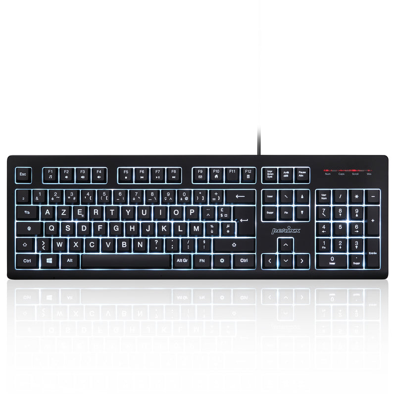 PERIBOARD-329 - Wired Backlit Keyboard Quiet keys with Large Print Letters in blue backlit in FR layout.