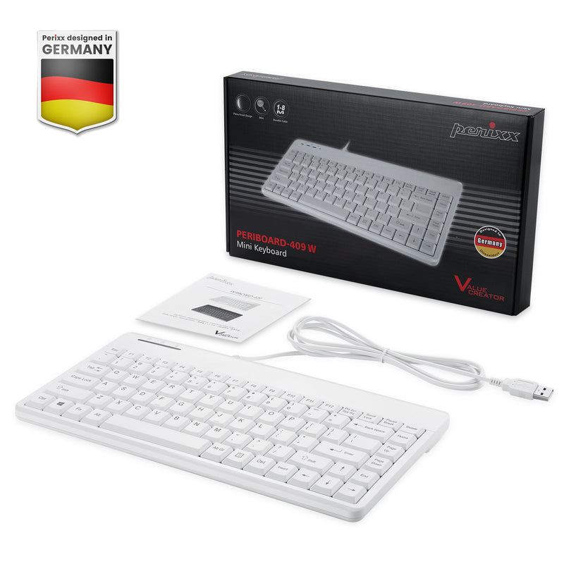 PERIBOARD-409 U W - Wired White Mini Keyboard 75% Quiet Keys with package and user manual