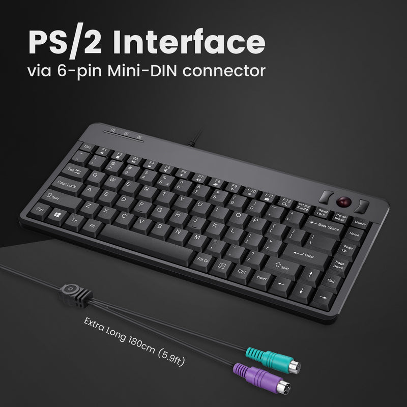 PERIBOARD-505 P - PS/2 75% Trackball Keyboard. PS/2 interface via 6-pin mini-din connector with 1.8m (5.9ft) cable.