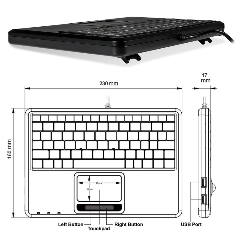 PERIBOARD-510 H PLUS - Wired Super-Mini 75% Touchpad keyboard Quiet Keys extra USB Ports. 23 x 16 x 1.7cm.