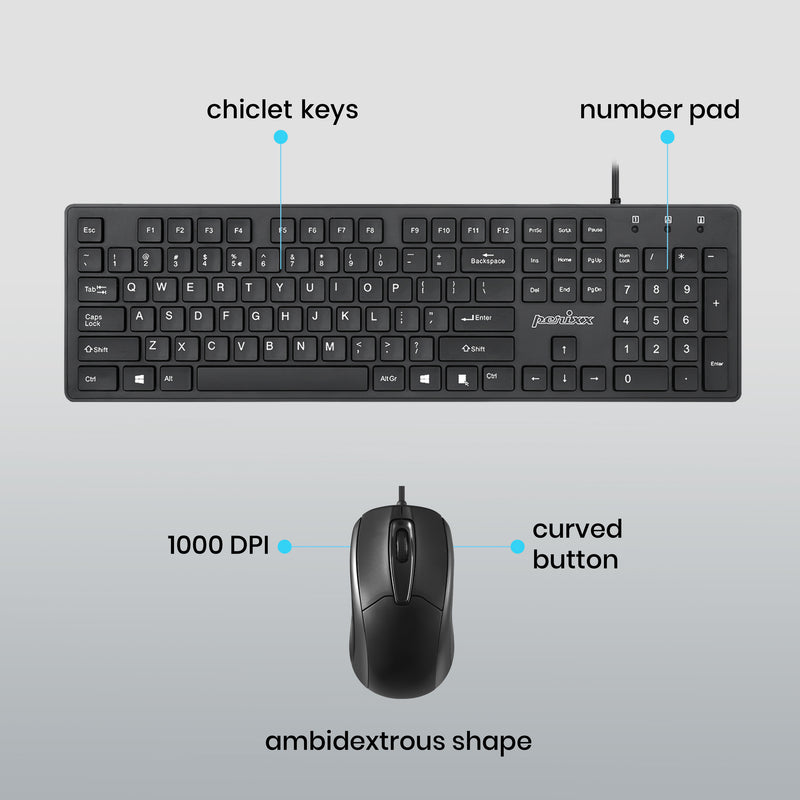 PERIDUO-117 - Wired Standard Combo. Chiclet keys, built-in numpad keyboard + 1000 dpi ambidextrous shape mouse with curved button.