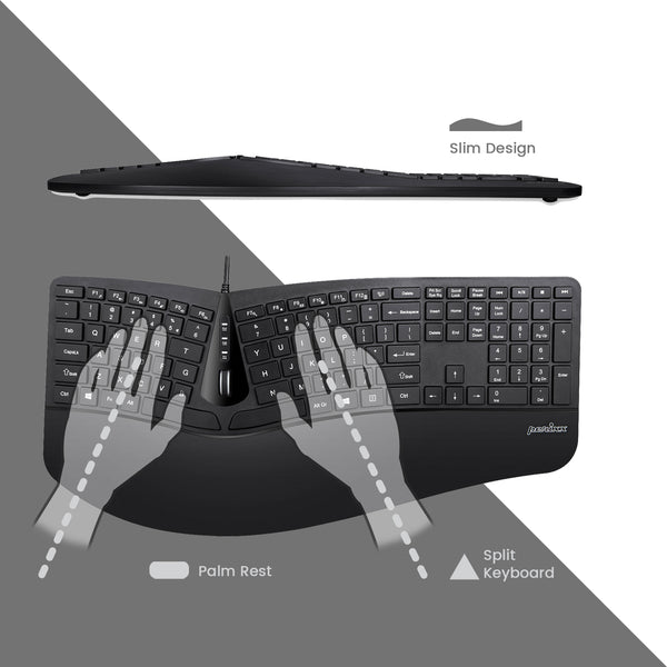 PERIDUO-505 - Wired Ergonomic Combo (100% keyboard and vertical mouse) in slim and split design with integrated palm rest reduces the pressure on your hands and shoulders and eases your wrist pain.