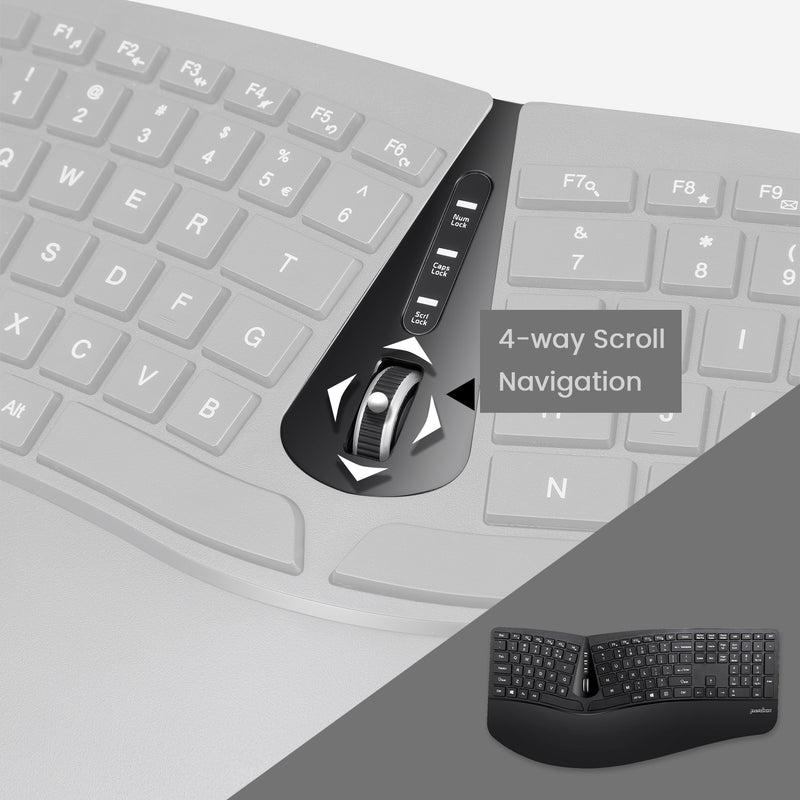 PERIDUO-605 - Wireless Ergonomic Combo : vertical mouse and split design keyboard with adjustable wrist rest and 4-way scroll navigation.
