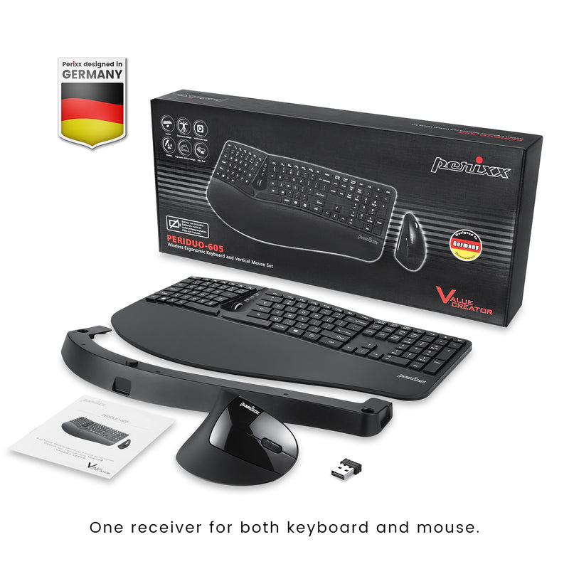 PERIDUO-605 - Wireless Ergonomic Combo : vertical mouse and split design keyboard with adjustable wrist rest: package, user manual and receiver for both keyboard and mouse.