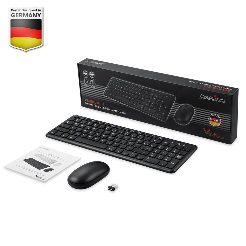 PERIDUO-613 B - Wireless Compact Set 90% Quiet Keys Keyboard and Quiet Click Mouse with package and user manual.