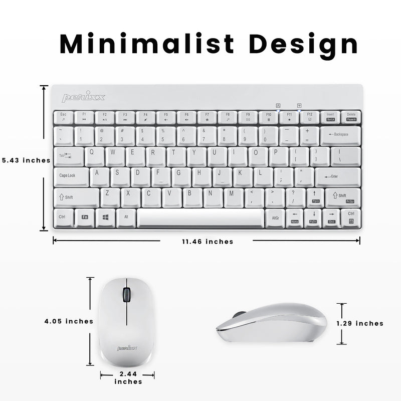PERIDUO-712 W - Wireless White Mini Combo (75% keyboard). Portable 5.43 x 11.46 inchs keyboard and 4.05 x 2.44 x 1.29 inches mouse.