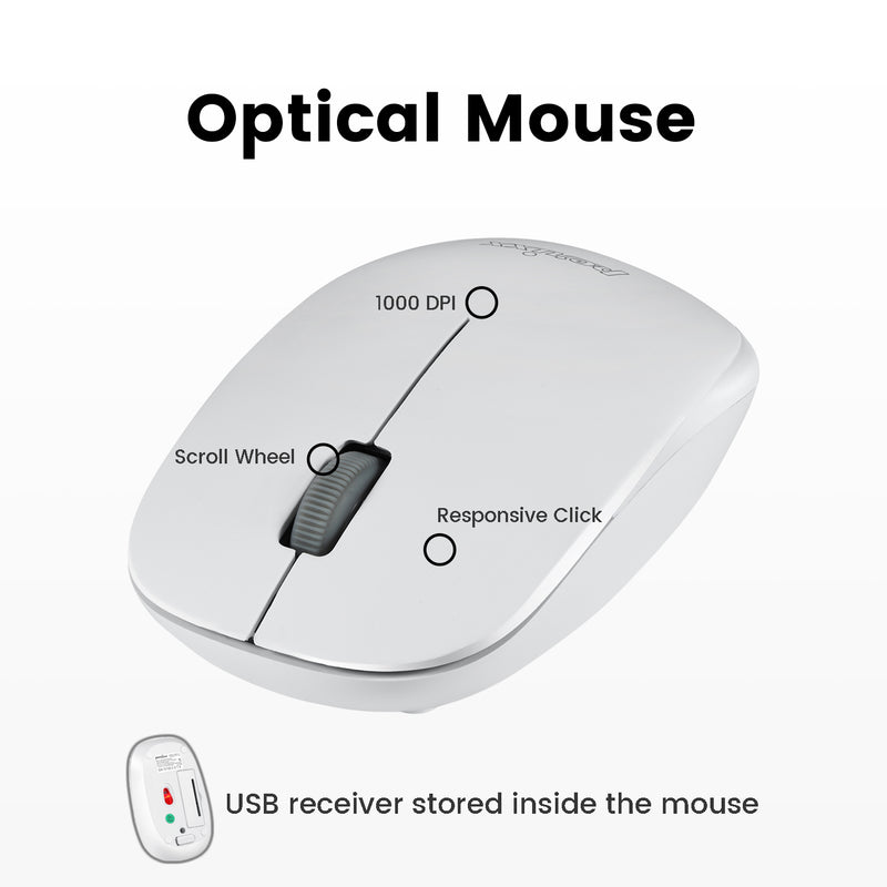 PERIDUO-712 W - Wireless White Mini Combo (75% keyboard). Optical mouse with 1000 dpi, scroll wheel, responsive click and USB receiver storage compartment on the backside.