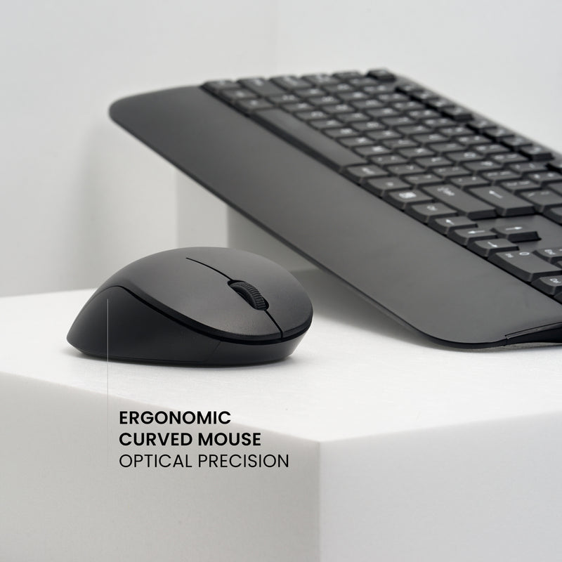 PERIDUO-714 - Wireless Standard Combo with Palm Rest and Silent Keys contains also ergonomic curved mouse with optical precision