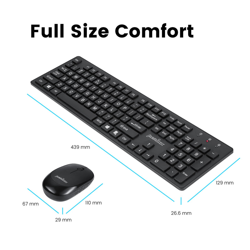 PERIDUO-717 - Wireless Standard Combo with Large Print Letters. Dimensions: 43.9 x 12.9 x 2.66 cm full-size keyboard and 11 x 6.7 x 2.9 cm mouse.