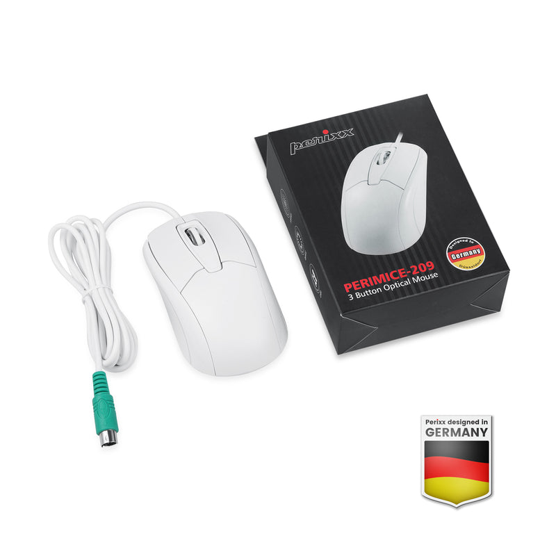PERIMICE-209 W P - Wired White PS/2 Mouse with package. Easy plug and play. No driver required.