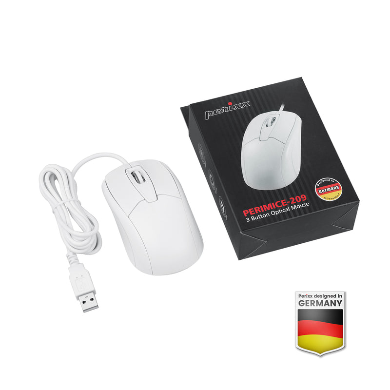 PERIMICE-209 W U - Wired White USB Mouse with package. Easy plug and play and no driver required.
