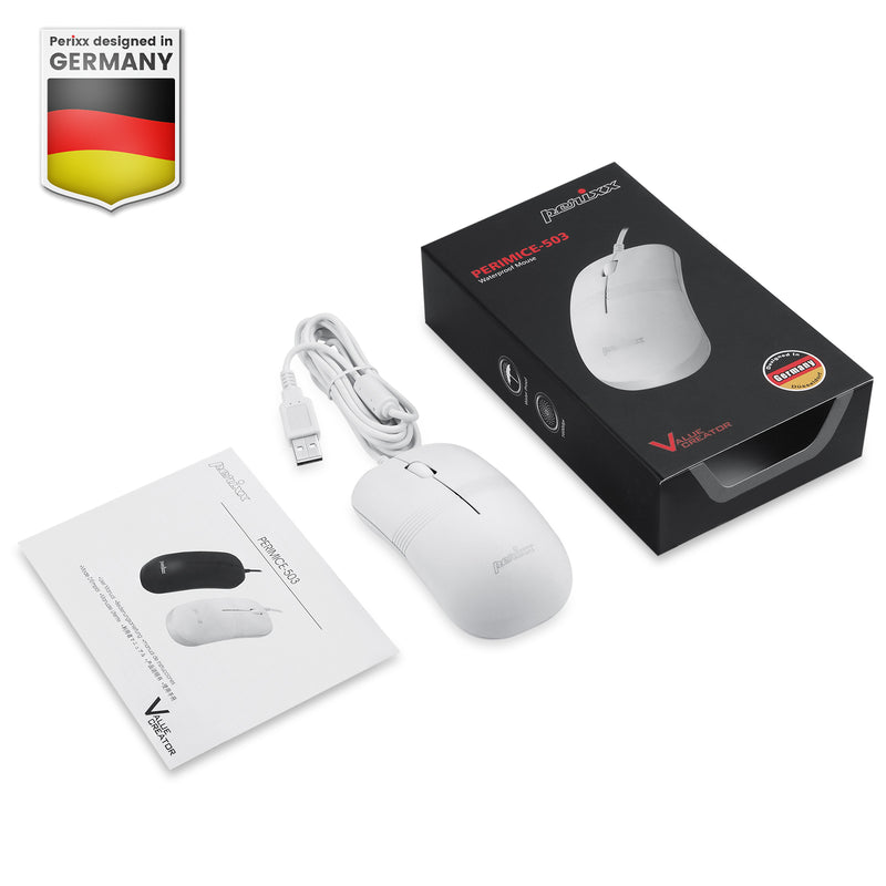 PERIMICE-503 W - Wired White Waterproof Mouse with package and user manual