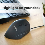 PERIMICE-508 - Wired Ergonomic Vertical Mouse with Programmable Buttons. Highlight on your desk.