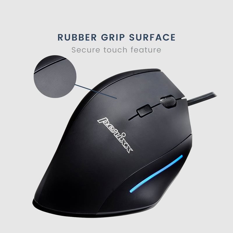 PERIMICE-508 - Wired Ergonomic Vertical Mouse with Programmable Buttons and rubber grip surface.
