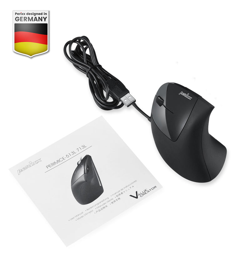 PERIMICE-513 L - Wired Left-Handed Ergonomic Vertical Mouse and user manual