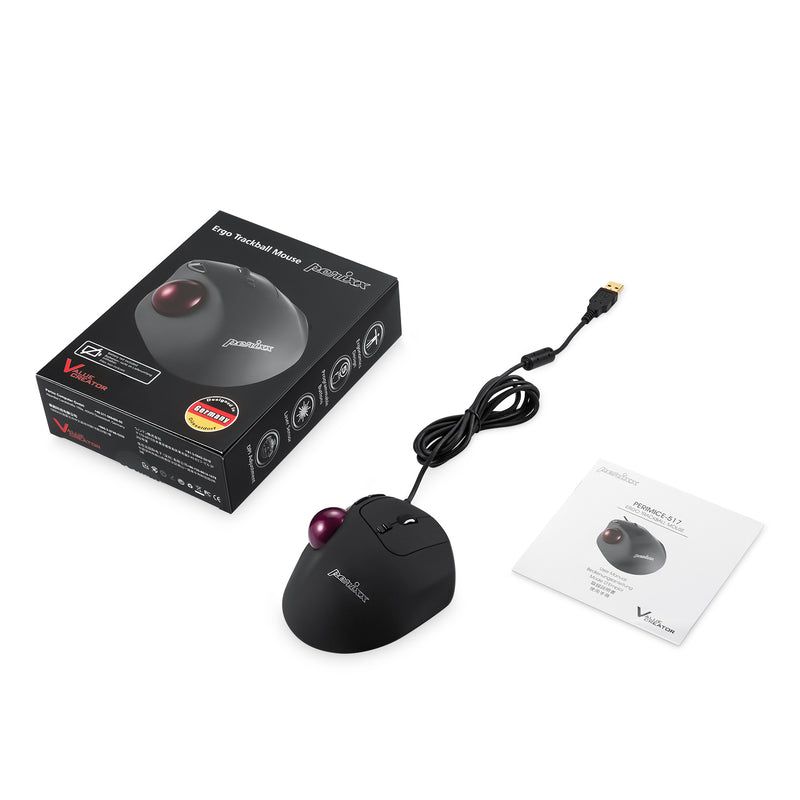 PERIMICE-517 - Wired Ergonomic Vertical Trackball Mouse Silent Click with package and user manual.