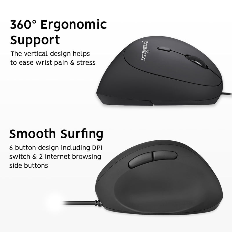 PERIMICE-519 - Wired Ergonomic Vertical Mouse with Silent Click. 360 degrees ergonomic support: vertical design helps to ease wrist pain and stress; smooth surfing: 6 buttons including DPI switch and 2 internet browsing side buttons