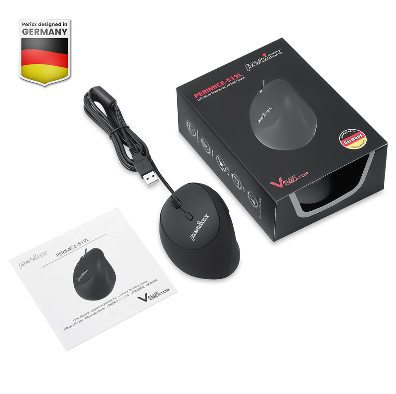 PERIMICE-519 L - Left-Handed Wired Ergonomic Vertical Mouse Silent Click : package and user manual.