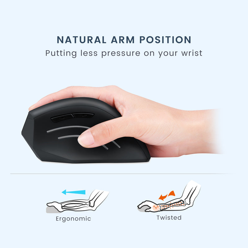PERIMICE-608 - Wireless Ergonomic Vertical Mouse Programmable Buttons promotes a natural arm and wrist position and eases your wrist pain.